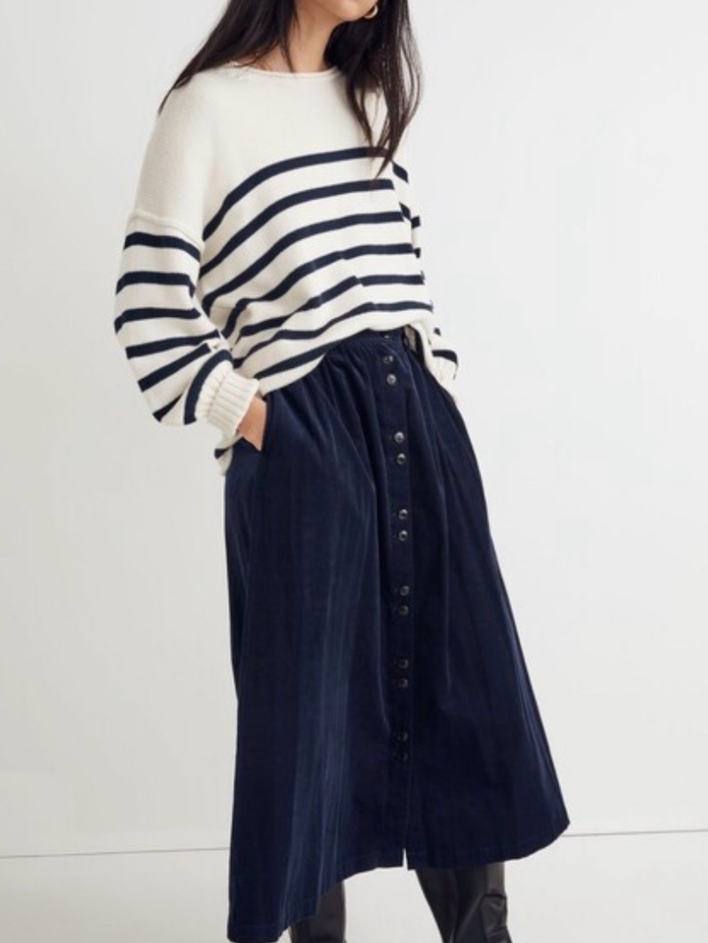 Madewell Button-Front Corduroy Navy Midi Skirt